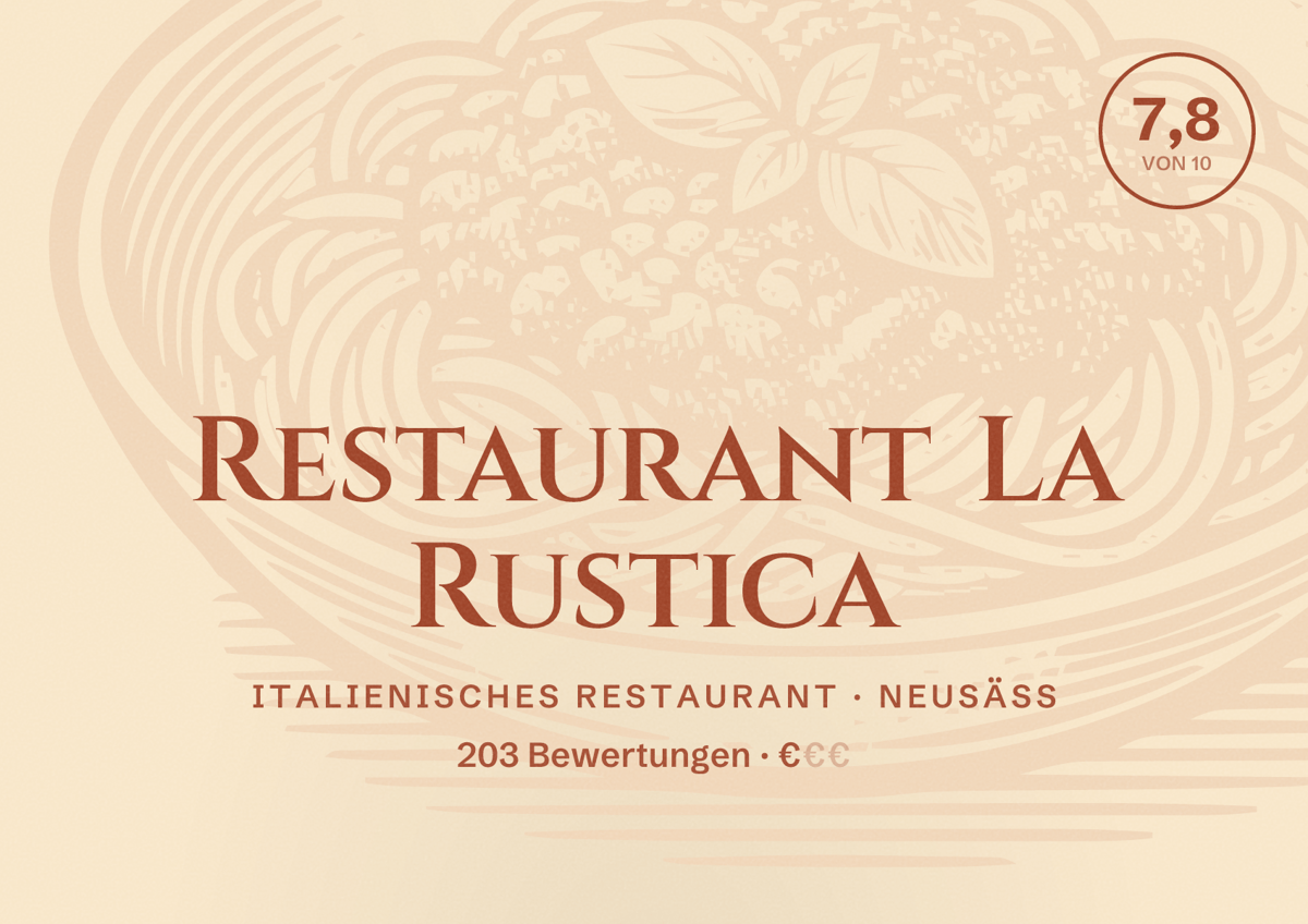 Illustriertes Poster von Restaurant La Rustica, Italienisches Restaurant in Neusäß: Bewertung 7,8 von 10 aus 203 Bewertungen, Preisniveau €
