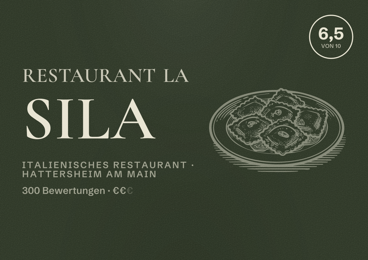 Illustriertes Poster von Restaurant La Sila, Italienisches Restaurant in Hattersheim am Main: Bewertung 6,5 von 10 aus 300 Bewertungen, Preisniveau €€