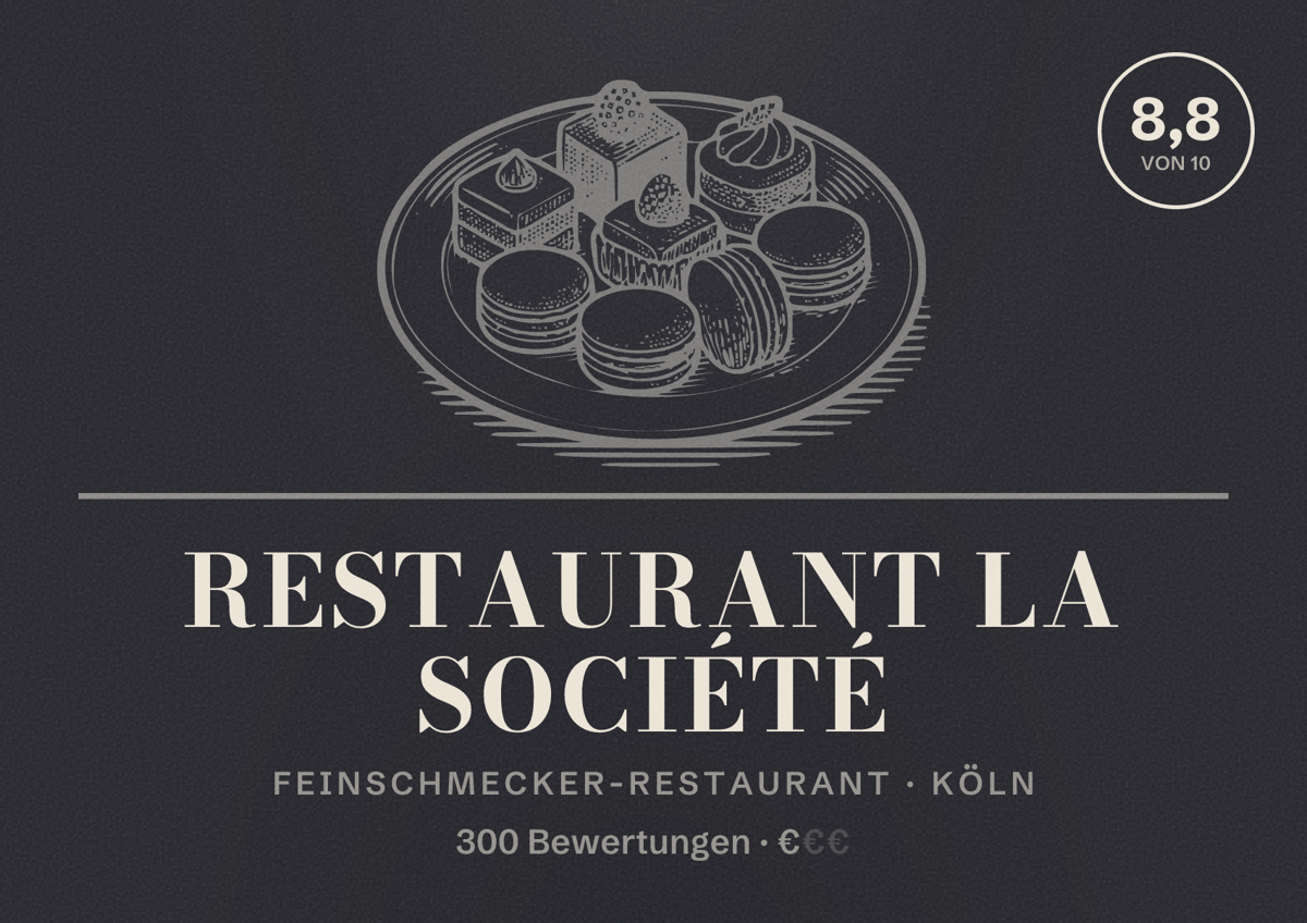 Illustriertes Poster von Restaurant La Société, Feinschmecker-Restaurant in Köln: Bewertung 8,8 von 10 aus 300 Bewertungen, Preisniveau €