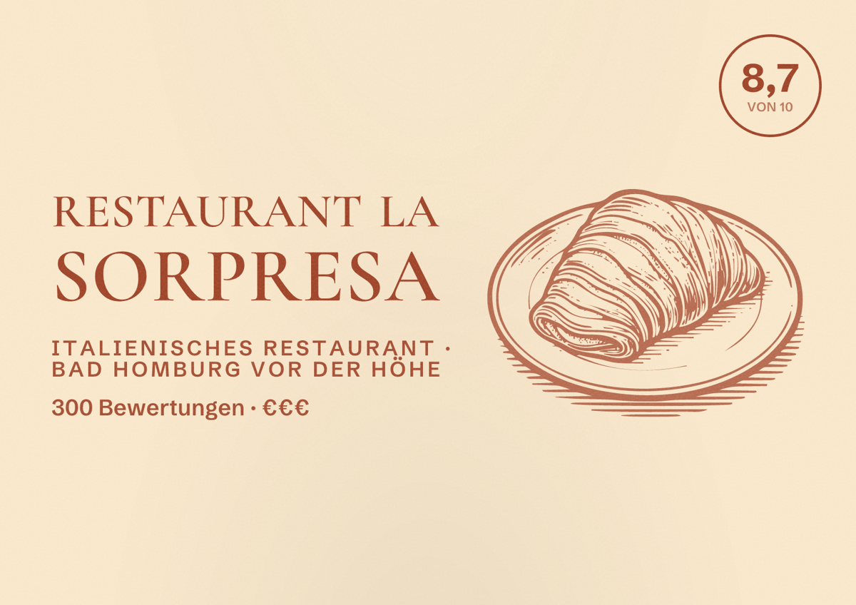 Illustriertes Poster von Restaurant La Sorpresa, Italienisches Restaurant in Bad Homburg vor der Höhe: Bewertung 8,7 von 10 aus 300 Bewertungen, Preisniveau €€€