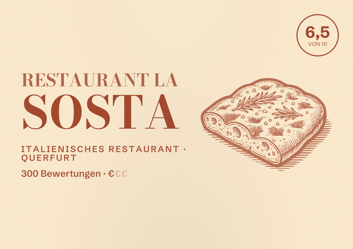 Illustriertes Poster von Restaurant La Sosta, Italienisches Restaurant in Querfurt: Bewertung 6,5 von 10 aus 300 Bewertungen, Preisniveau €
