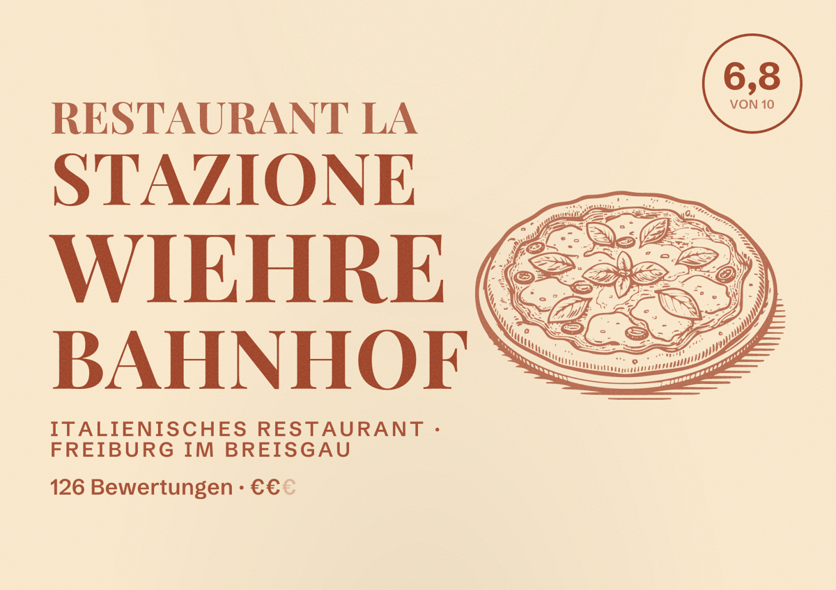 Illustriertes Poster von Restaurant La Stazione Wiehre Bahnhof, Italienisches Restaurant in Freiburg im Breisgau: Bewertung 6,8 von 10 aus 126 Bewertungen, Preisniveau €€