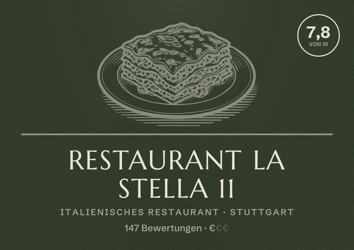 Illustriertes Poster von Restaurant La Stella 11, Italienisches Restaurant in Stuttgart: Bewertung 7,8 von 10 aus 147 Bewertungen, Preisniveau €