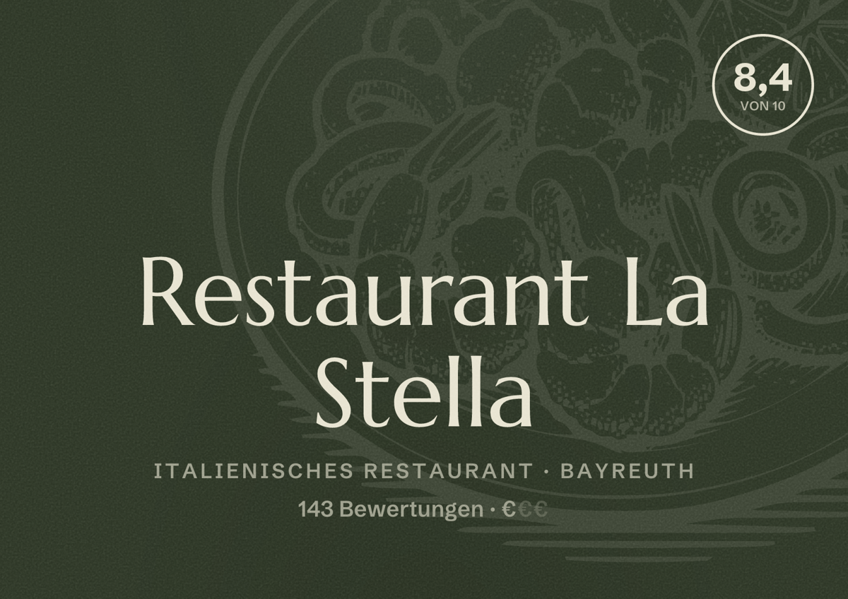 Illustriertes Poster von Restaurant La Stella, Italienisches Restaurant in Bayreuth: Bewertung 8,4 von 10 aus 143 Bewertungen, Preisniveau €