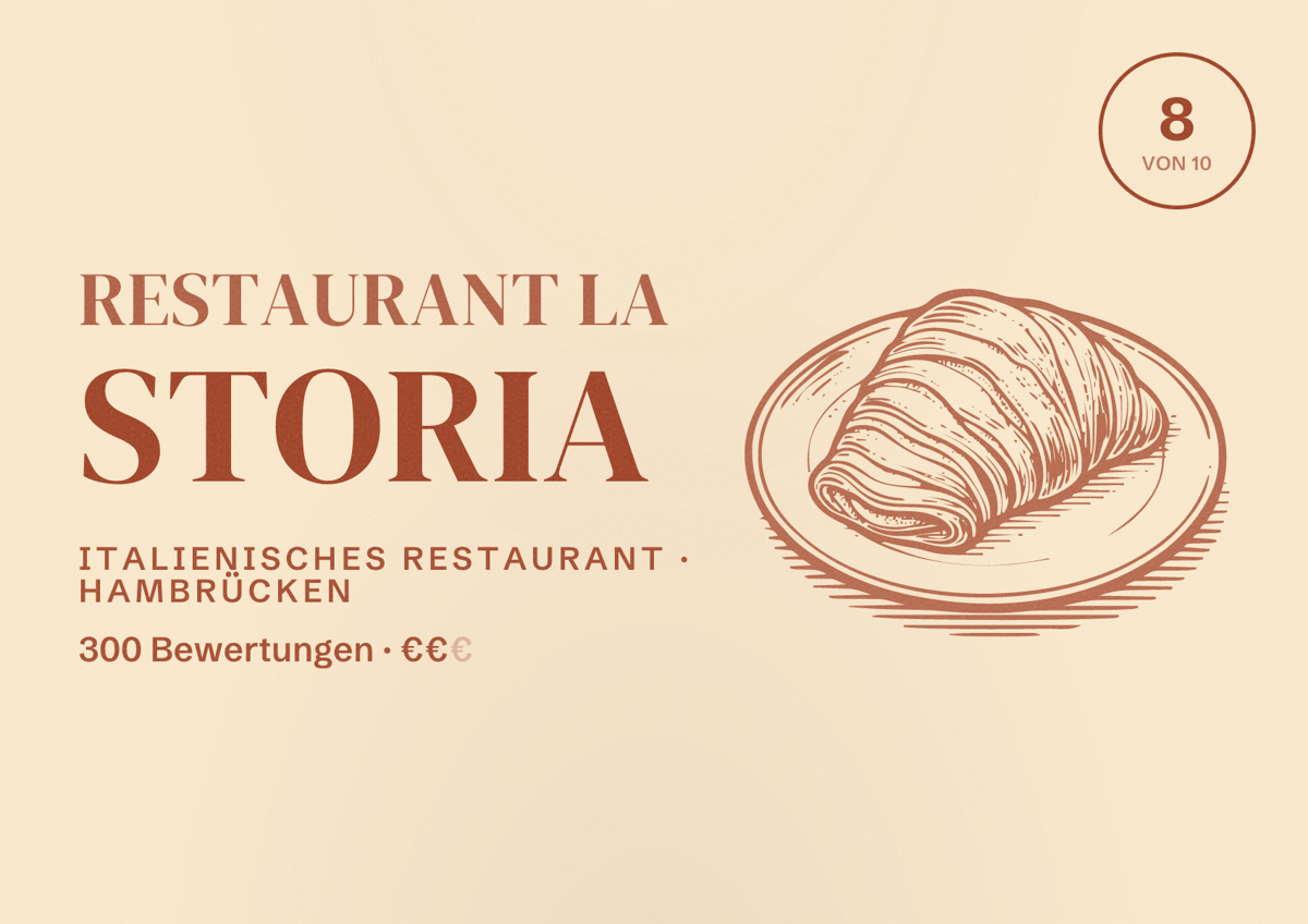 Illustriertes Poster von Restaurant La Storia, Italienisches Restaurant in Hambrücken: Bewertung 8 von 10 aus 300 Bewertungen, Preisniveau €€