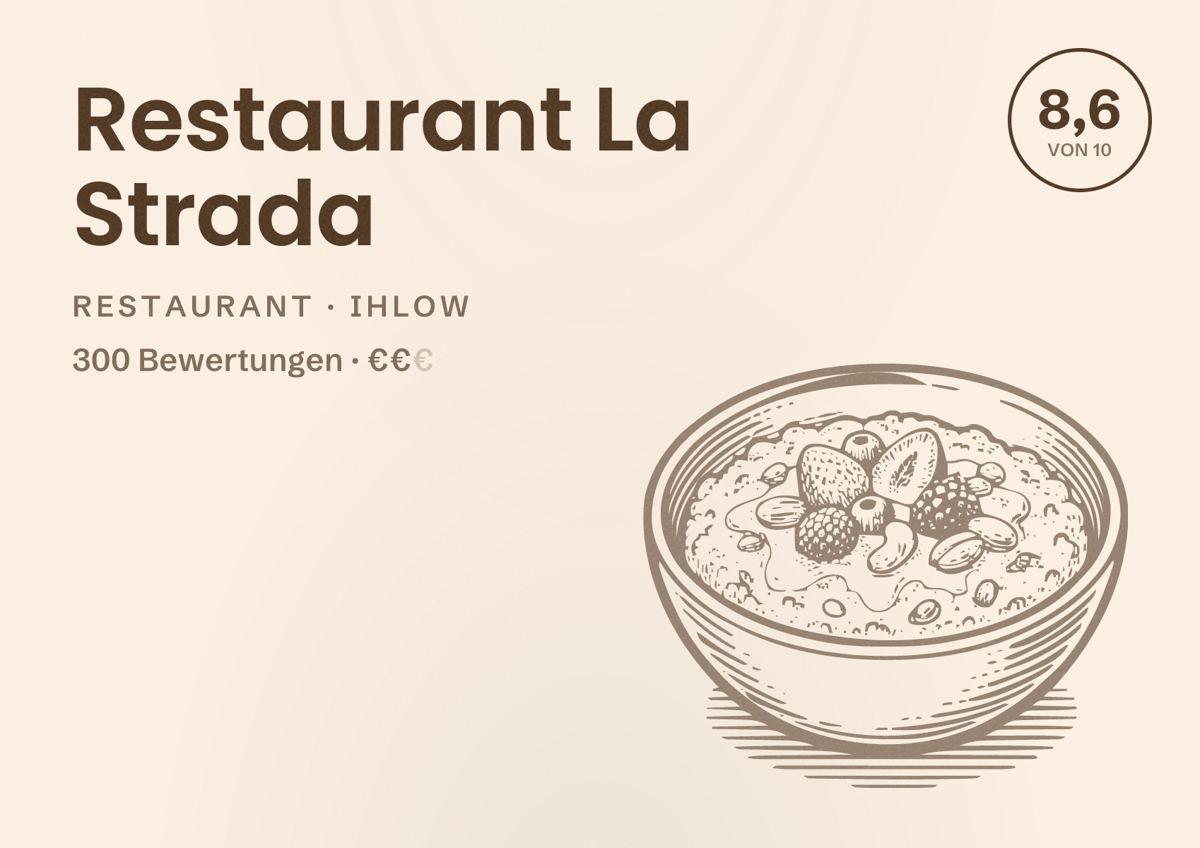 Illustriertes Poster von Restaurant La Strada, Restaurant in Ihlow: Bewertung 8,6 von 10 aus 300 Bewertungen, Preisniveau €€