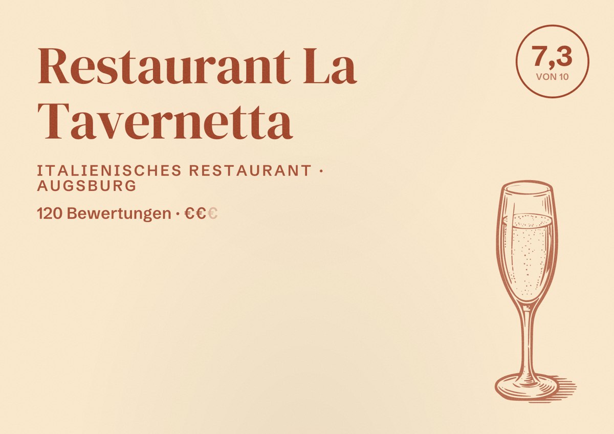 Illustriertes Poster von Restaurant La Tavernetta, Italienisches Restaurant in Augsburg: Bewertung 7,3 von 10 aus 120 Bewertungen, Preisniveau €€
