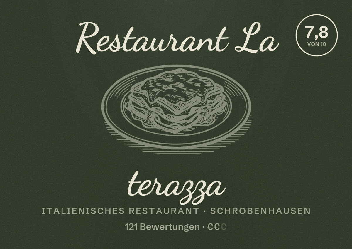 Illustriertes Poster von Restaurant La terazza, Italienisches Restaurant in Schrobenhausen: Bewertung 7,8 von 10 aus 121 Bewertungen, Preisniveau €€