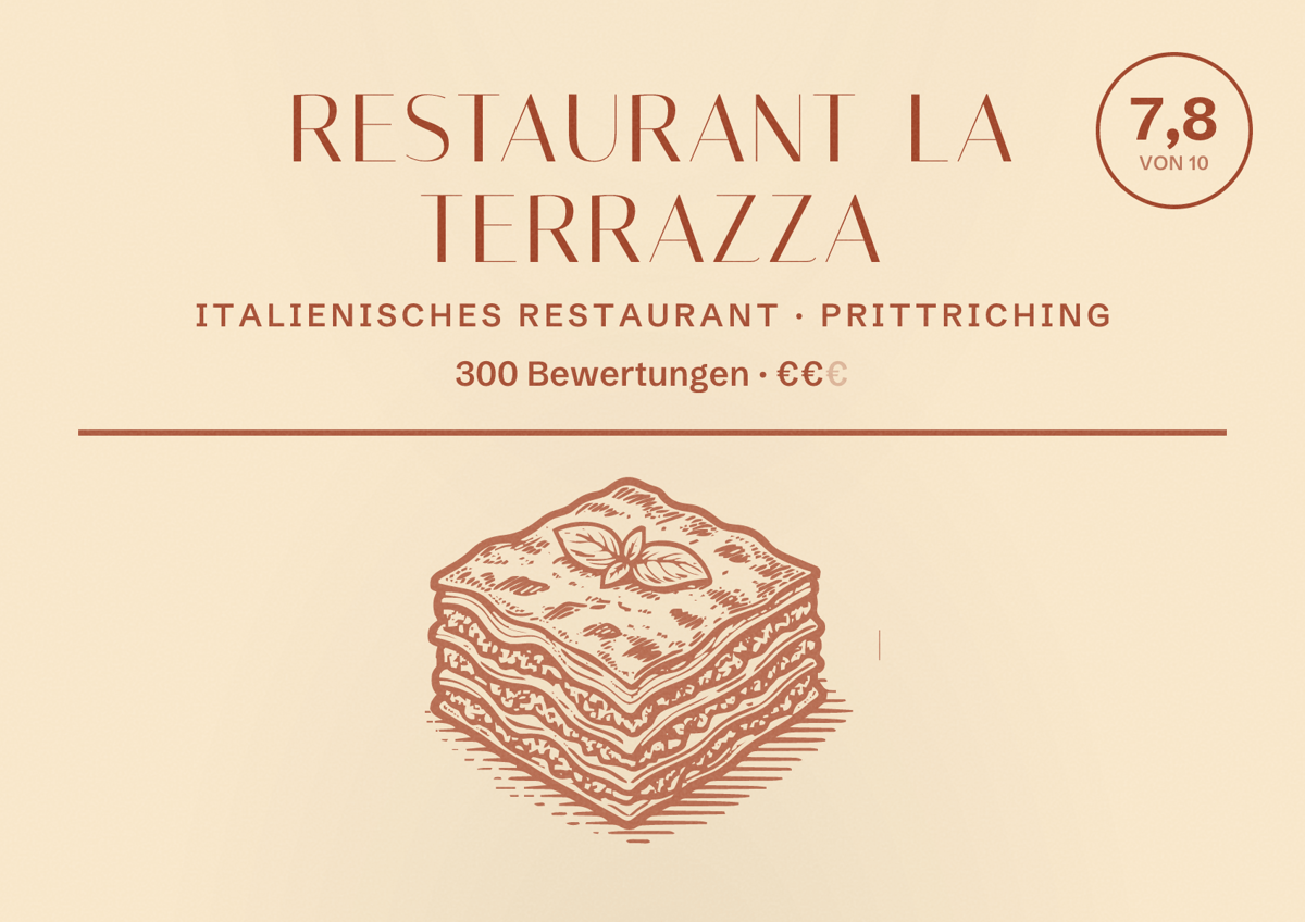 Illustriertes Poster von Restaurant La Terrazza, Italienisches Restaurant in Prittriching: Bewertung 7,8 von 10 aus 300 Bewertungen, Preisniveau €€