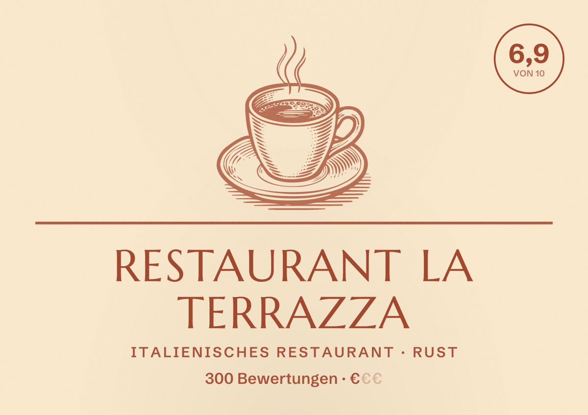 Illustriertes Poster von Restaurant La Terrazza, Italienisches Restaurant in Rust: Bewertung 6,9 von 10 aus 300 Bewertungen, Preisniveau €