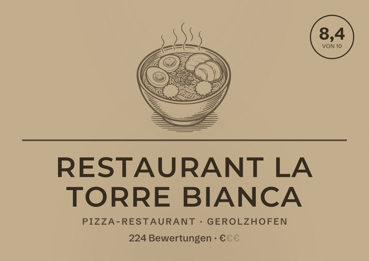 Illustriertes Poster von Restaurant La Torre Bianca, Pizza-Restaurant in Gerolzhofen: Bewertung 8,4 von 10 aus 224 Bewertungen, Preisniveau €