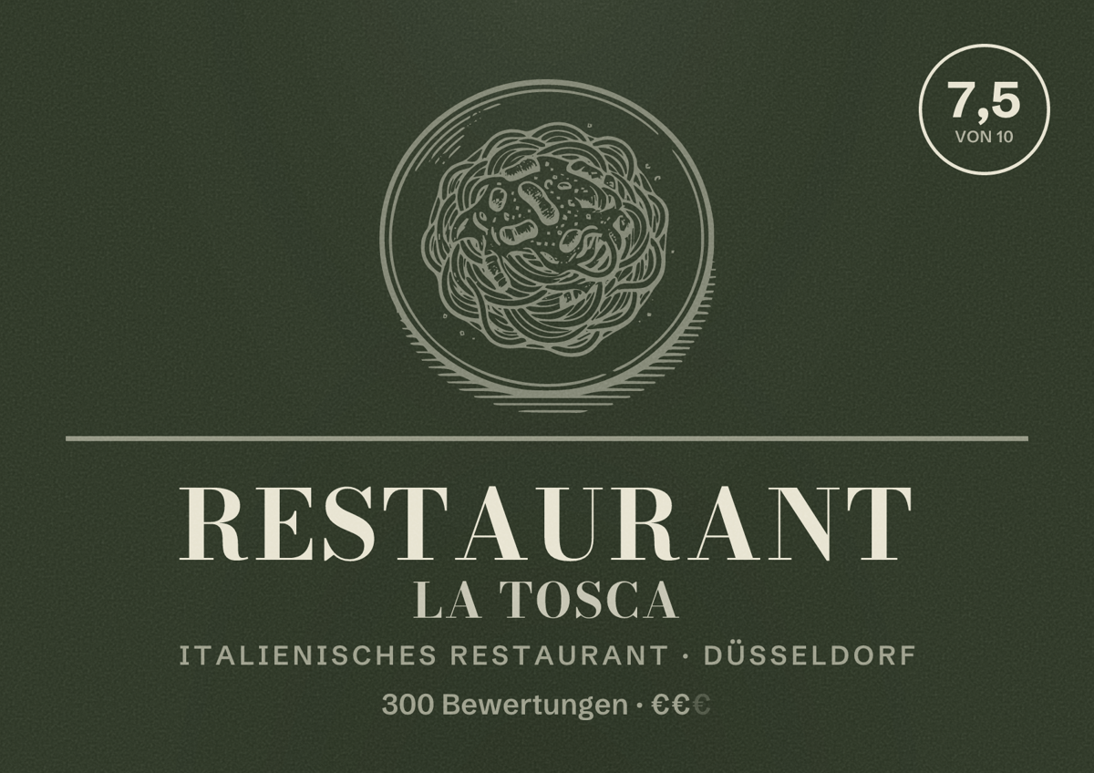 Illustriertes Poster von Restaurant La Tosca, Italienisches Restaurant in Düsseldorf: Bewertung 7,5 von 10 aus 300 Bewertungen, Preisniveau €€