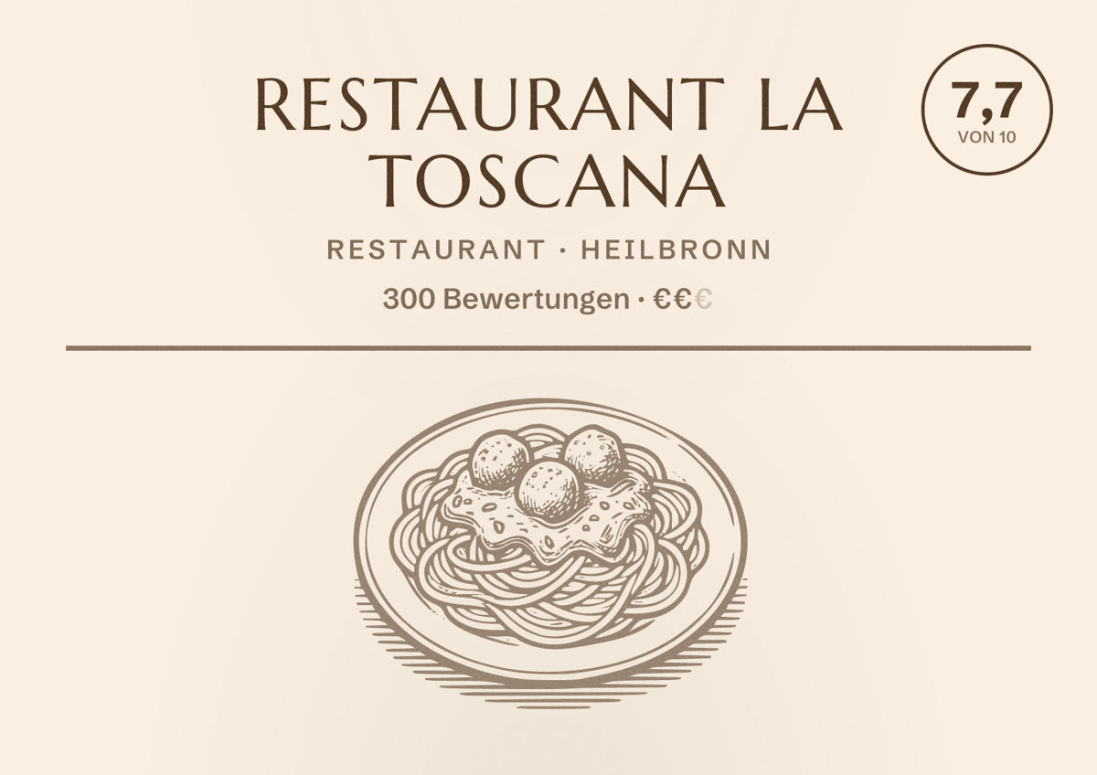 Illustriertes Poster von Restaurant La Toscana, Restaurant in Heilbronn: Bewertung 7,7 von 10 aus 300 Bewertungen, Preisniveau €€