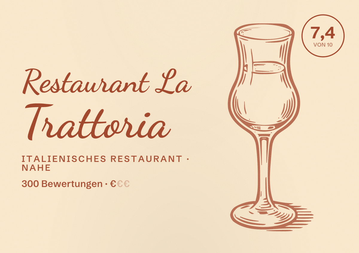 Illustriertes Poster von Restaurant La Trattoria, Italienisches Restaurant in Nahe: Bewertung 7,4 von 10 aus 300 Bewertungen, Preisniveau €