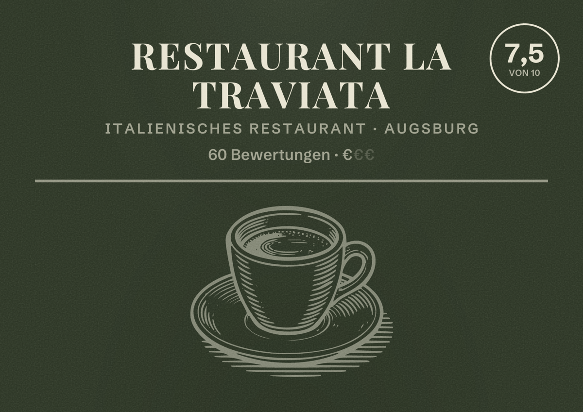 Illustriertes Poster von Restaurant La Traviata, Italienisches Restaurant in Augsburg: Bewertung 7,5 von 10 aus 60 Bewertungen, Preisniveau €