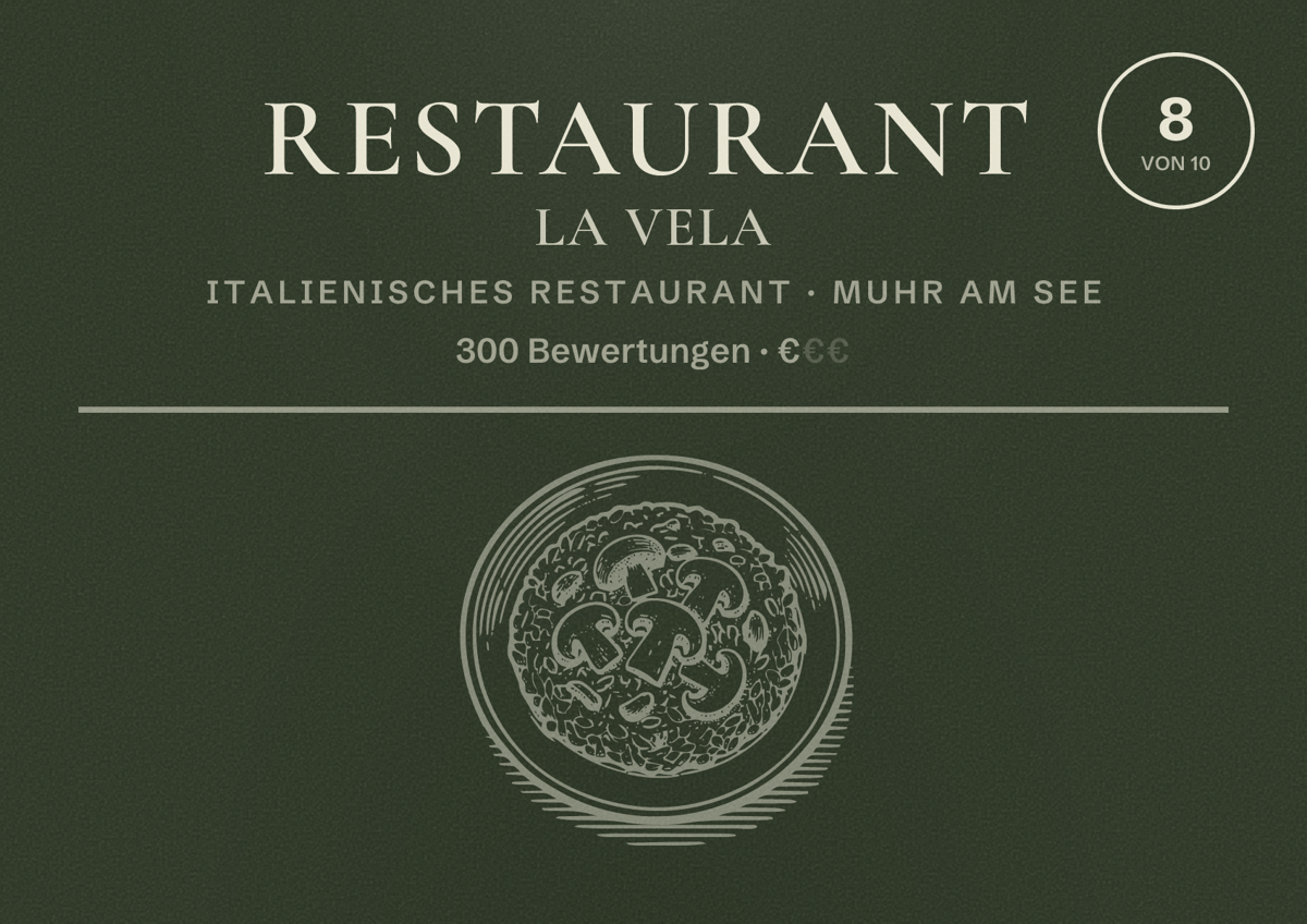 Illustriertes Poster von Restaurant La Vela, Italienisches Restaurant in Muhr am See: Bewertung 8 von 10 aus 300 Bewertungen, Preisniveau €