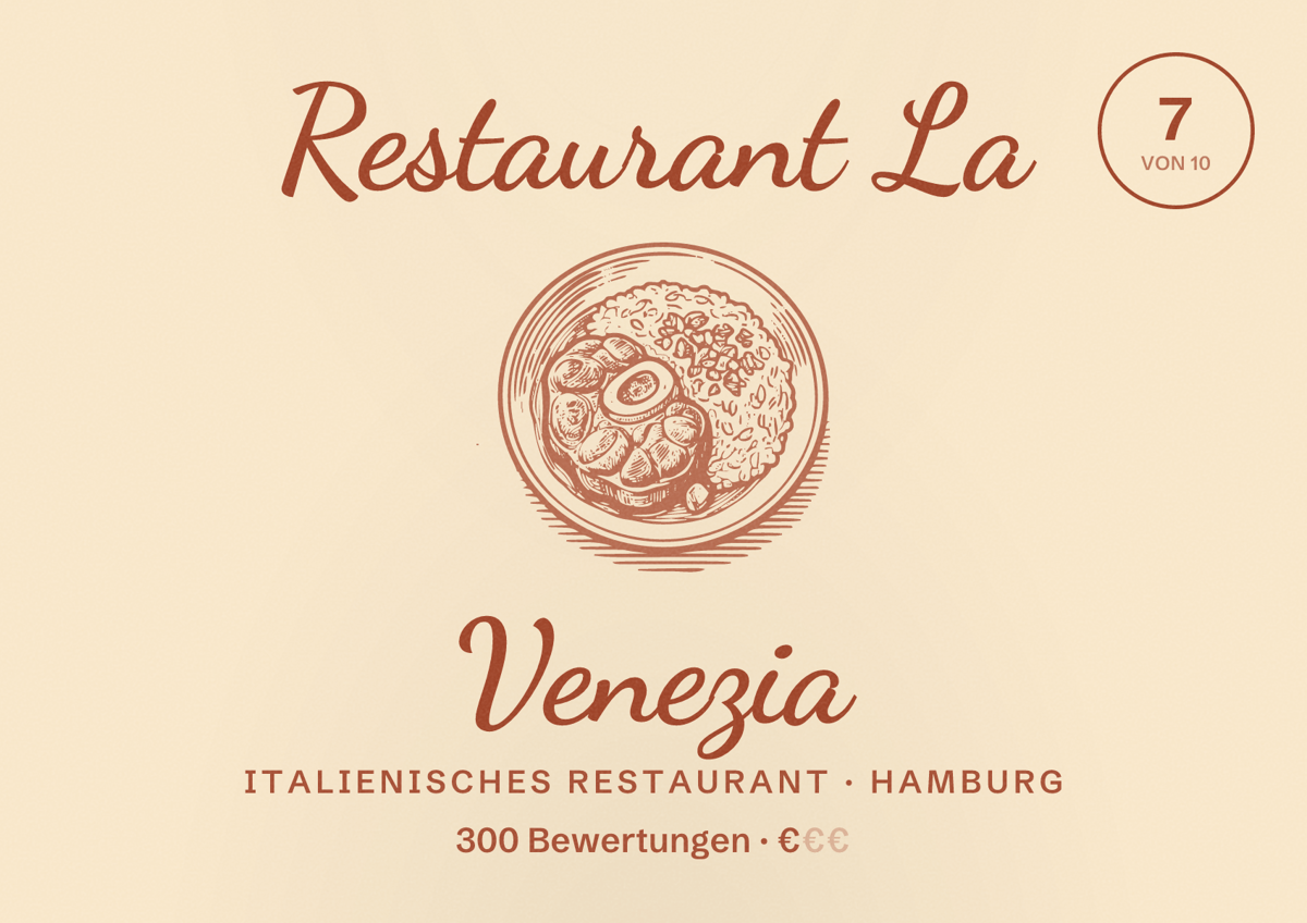 Illustriertes Poster von Restaurant La Venezia, Italienisches Restaurant in Hamburg: Bewertung 7,0 von 10 aus 300 Bewertungen, Preisniveau €