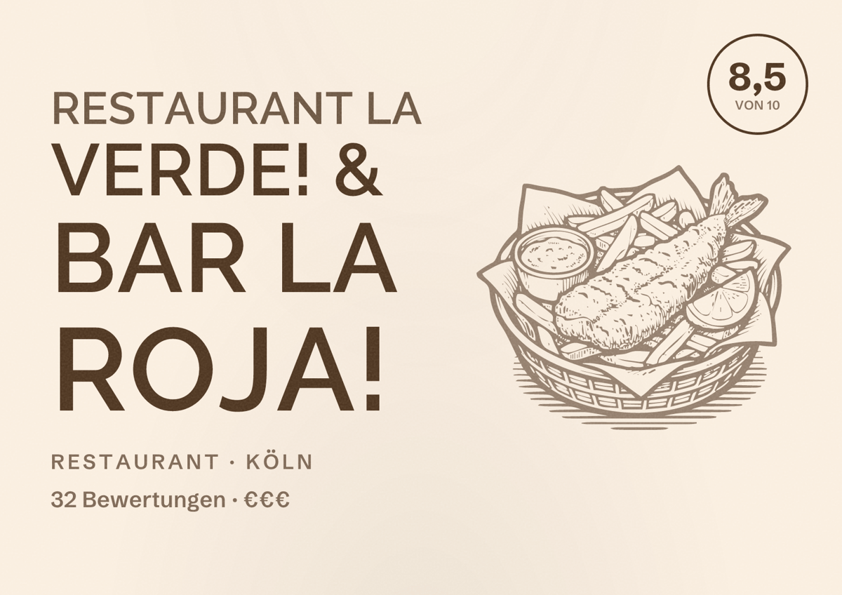 Illustriertes Poster von Restaurant La Verde! & Bar La Roja!, Restaurant in Köln: Bewertung 8,5 von 10 aus 32 Bewertungen, Preisniveau €€€