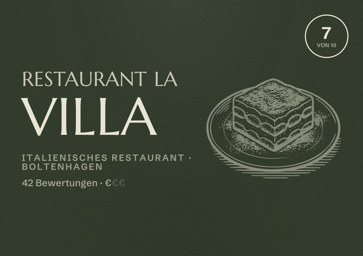 Illustriertes Poster von Restaurant La Villa, Italienisches Restaurant in Boltenhagen: Bewertung 7 von 10 aus 42 Bewertungen, Preisniveau €