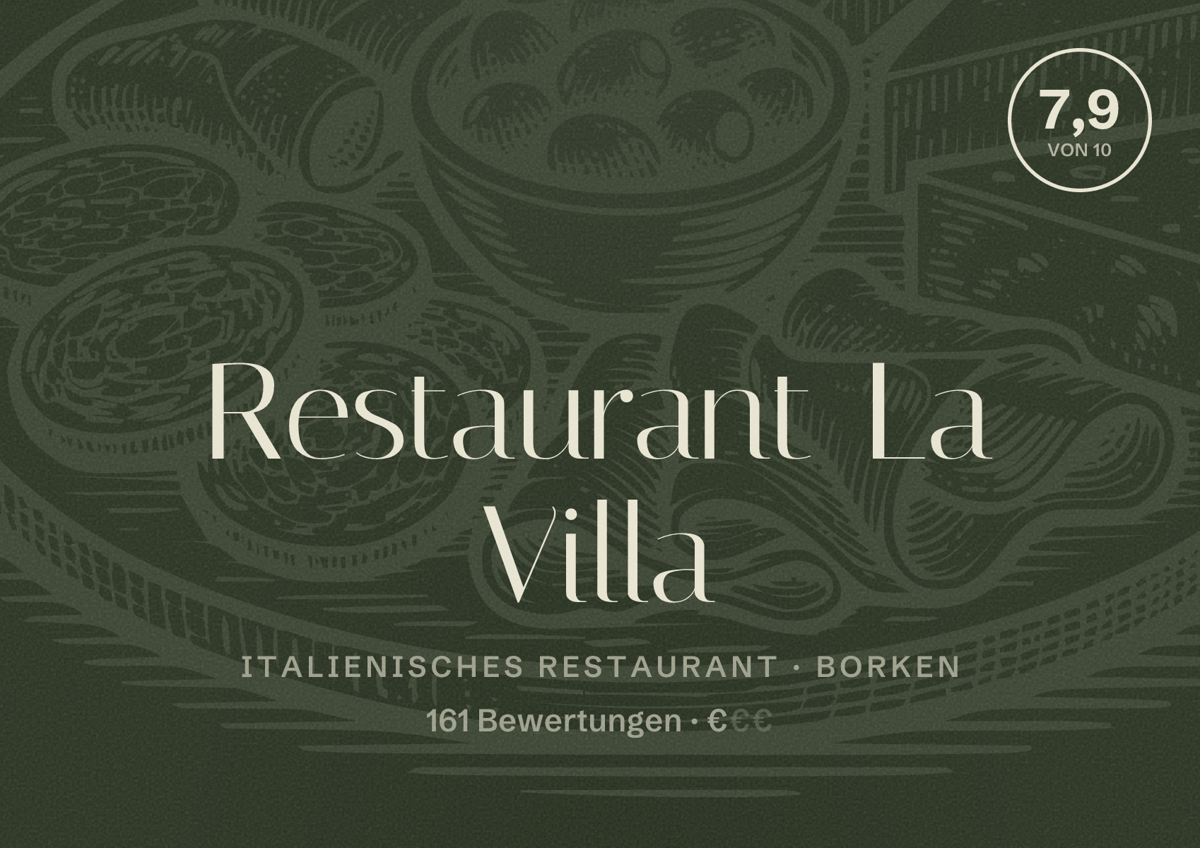 Illustriertes Poster von Restaurant La Villa, Italienisches Restaurant in Borken: Bewertung 7,9 von 10 aus 161 Bewertungen, Preisniveau €