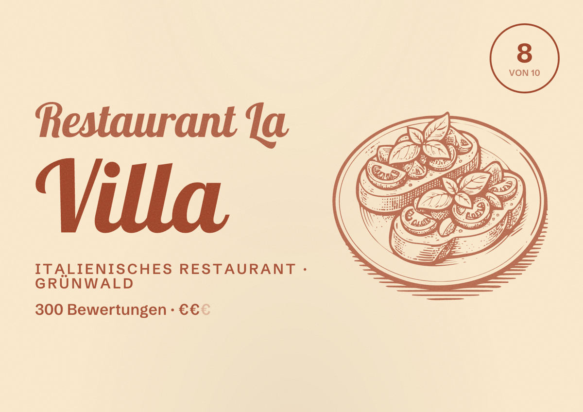 Illustriertes Poster von Restaurant La Villa, Italienisches Restaurant in Grünwald: Bewertung 8 von 10 aus 300 Bewertungen, Preisniveau €€