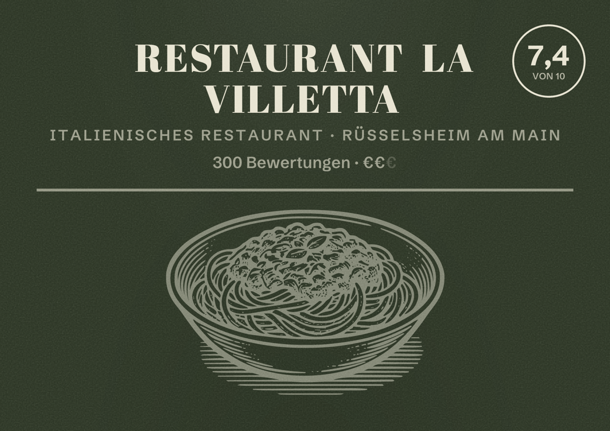 Illustriertes Poster von Restaurant La Villetta, Italienisches Restaurant in Rüsselsheim am Main: Bewertung 7,4 von 10 aus 300 Bewertungen, Preisniveau €€