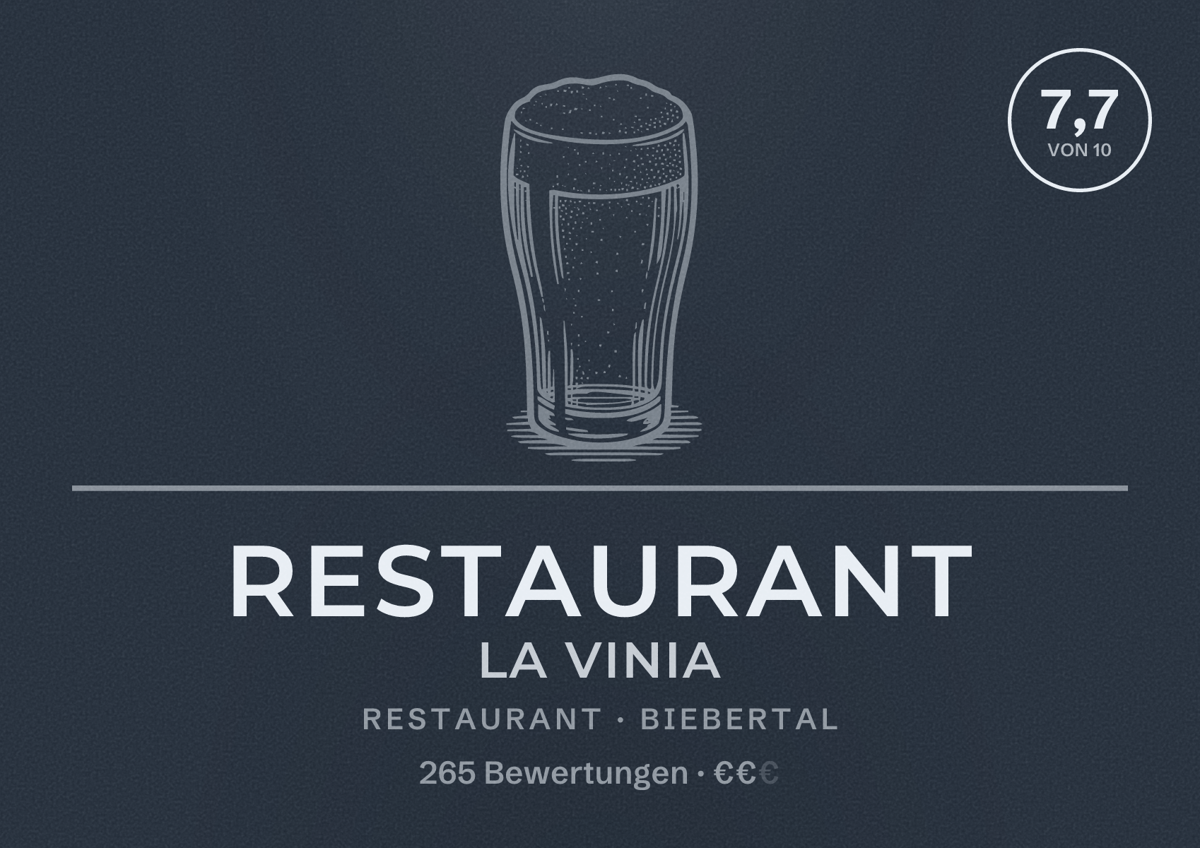 Illustriertes Poster von Restaurant La Vinia, Restaurant in Biebertal: Bewertung 7,7 von 10 aus 265 Bewertungen, Preisniveau €€