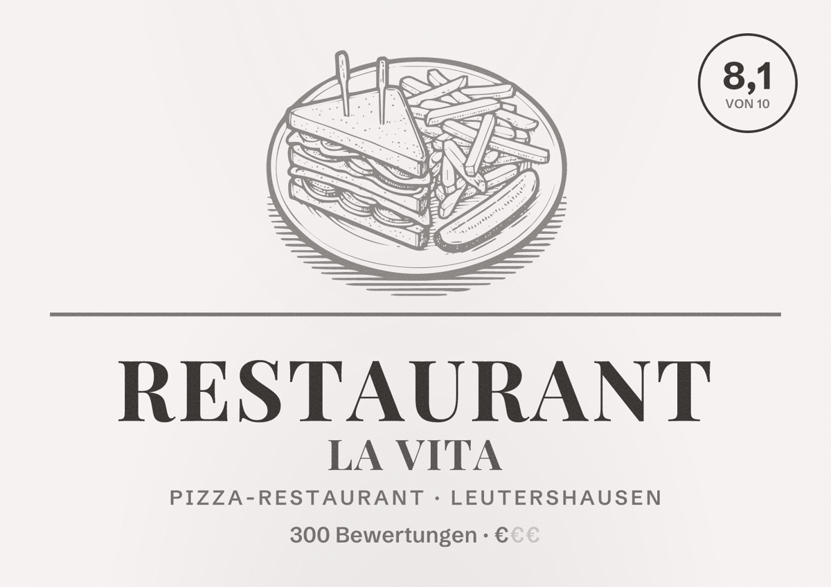 Illustriertes Poster von Restaurant La Vita, Pizza-Restaurant in Leutershausen: Bewertung 8,1 von 10 aus 300 Bewertungen, Preisniveau €