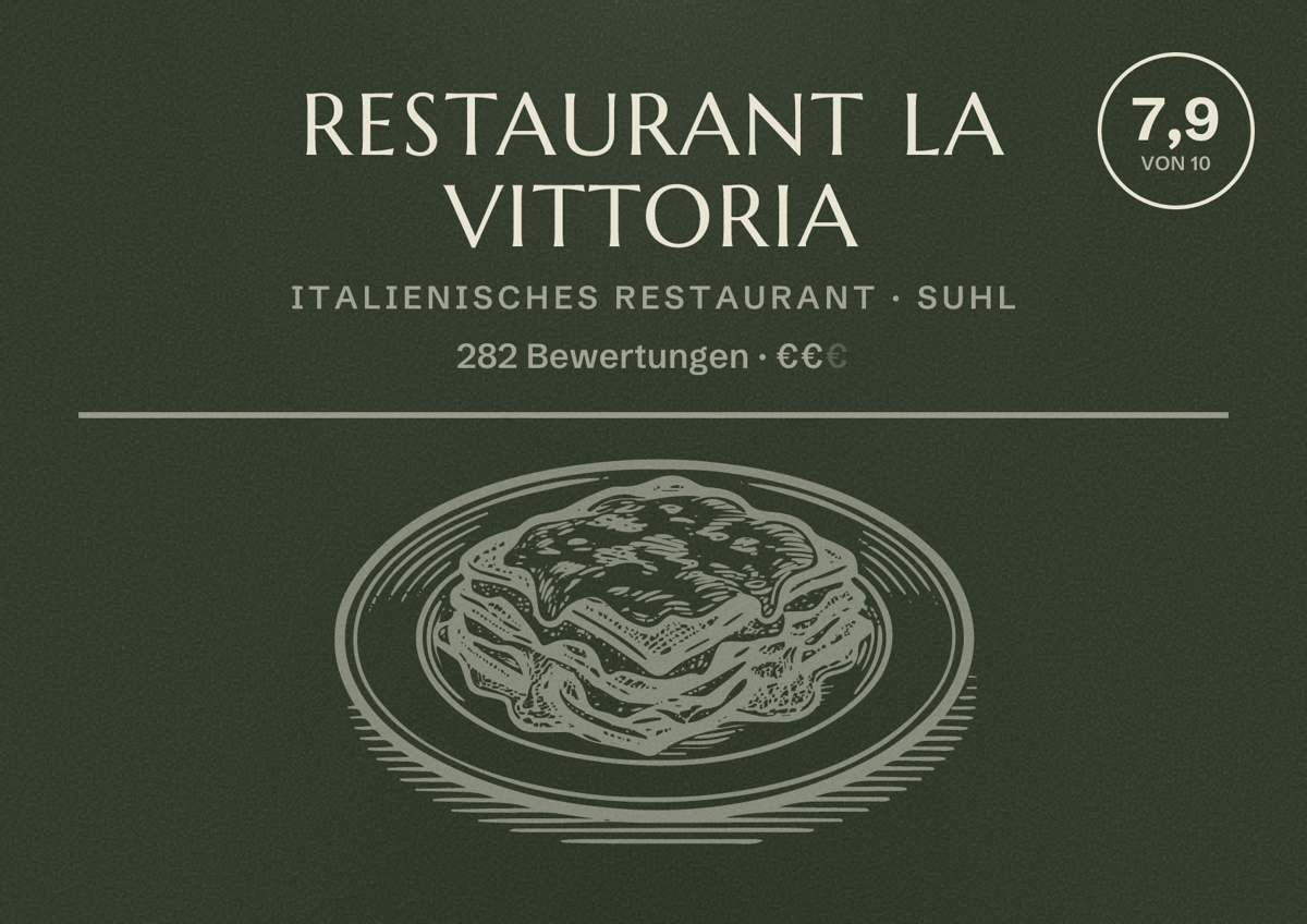Illustriertes Poster von Restaurant La Vittoria, Italienisches Restaurant in Suhl: Bewertung 7,9 von 10 aus 282 Bewertungen, Preisniveau €€