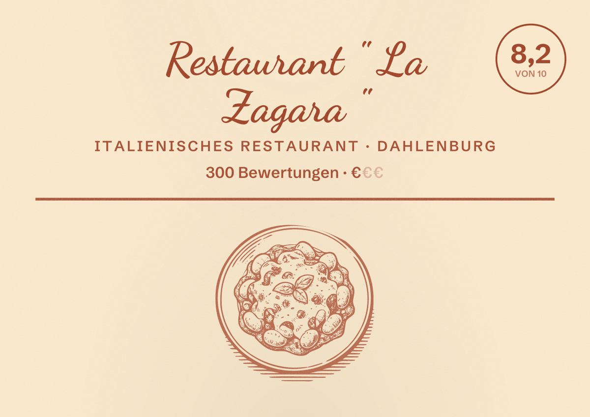 Illustriertes Poster von Restaurant " La Zagara ", Italienisches Restaurant in Dahlenburg: Bewertung 8,2 von 10 aus 300 Bewertungen, Preisniveau €