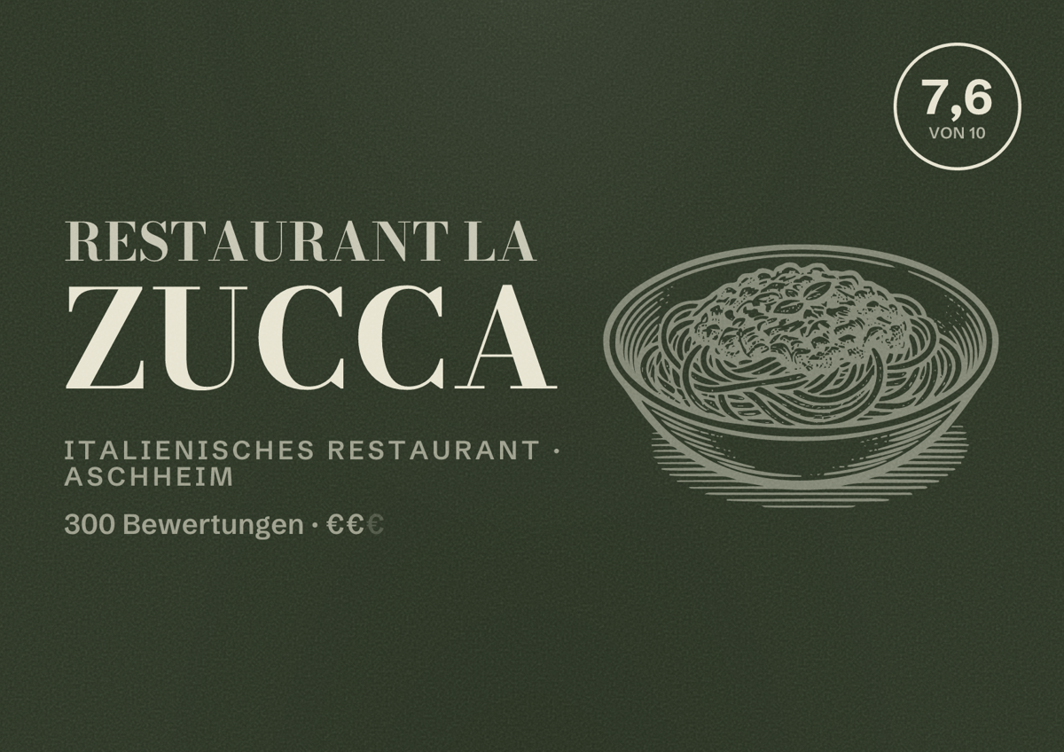 Illustriertes Poster von Restaurant La Zucca, Italienisches Restaurant in Aschheim: Bewertung 7,6 von 10 aus 300 Bewertungen, Preisniveau €€