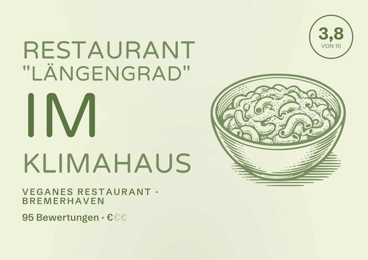 Illustriertes Poster von Restaurant "Längengrad" im Klimahaus, Veganes Restaurant in Bremerhaven: Bewertung 3,8 von 10 aus 95 Bewertungen, Preisniveau €