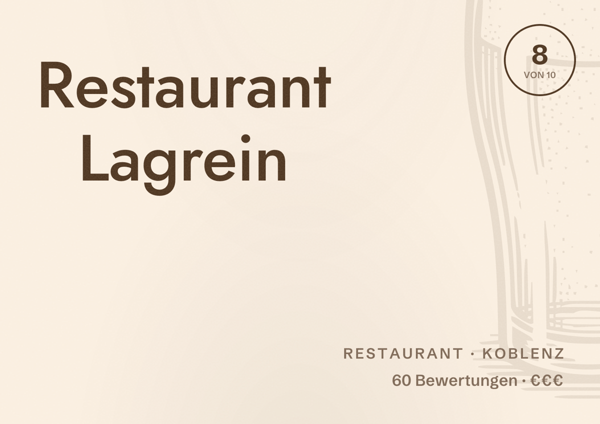 Illustriertes Poster von Restaurant Lagrein, Restaurant in Koblenz: Bewertung 8 von 10 aus 60 Bewertungen, Preisniveau €€€