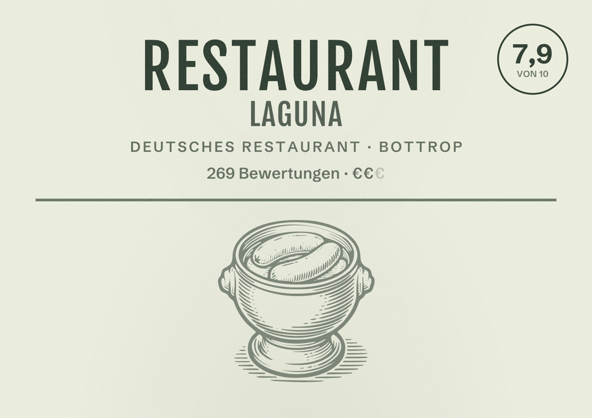 Illustriertes Poster von Restaurant Laguna, Deutsches Restaurant in Bottrop: Bewertung 7,9 von 10 aus 269 Bewertungen, Preisniveau €€