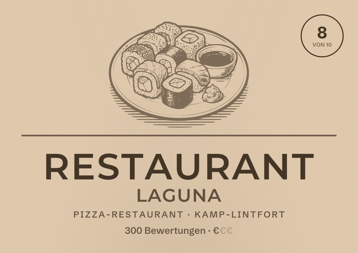 Illustriertes Poster von Restaurant Laguna, Pizza-Restaurant in Kamp-Lintfort: Bewertung 8 von 10 aus 300 Bewertungen, Preisniveau €