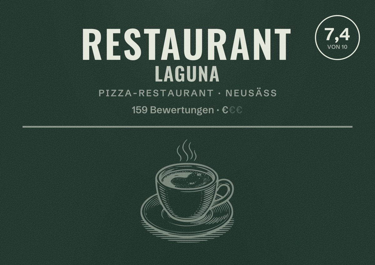 Illustriertes Poster von Restaurant Laguna, Pizza-Restaurant in Neusäß: Bewertung 7,4 von 10 aus 159 Bewertungen, Preisniveau €