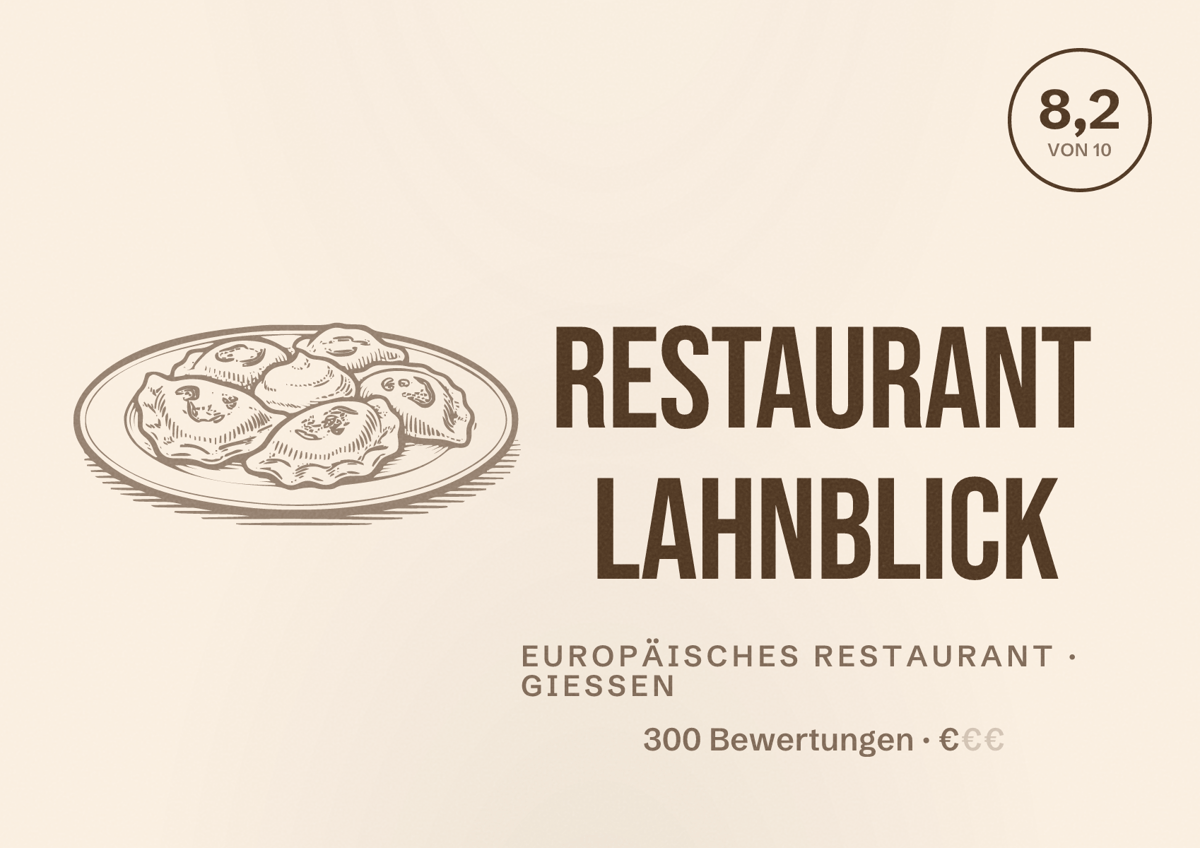 Illustriertes Poster von Restaurant LAHNBLICK, Europäisches Restaurant in Gießen: Bewertung 8,2 von 10 aus 300 Bewertungen, Preisniveau €