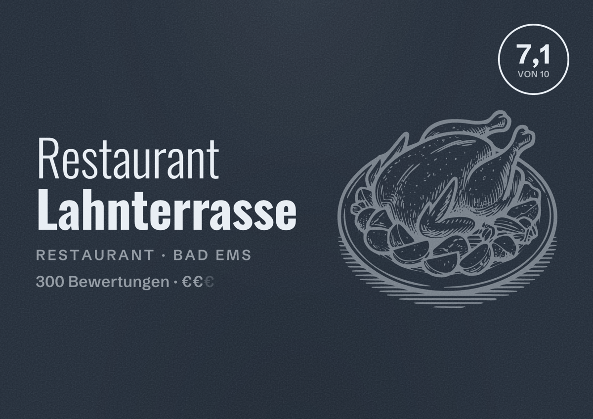 Illustriertes Poster von Restaurant Lahnterrasse, Restaurant in Bad Ems: Bewertung 7,1 von 10 aus 300 Bewertungen, Preisniveau €€