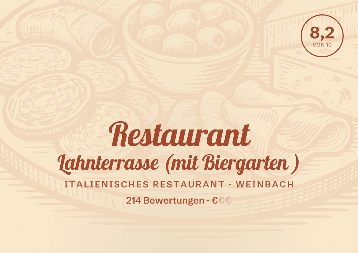 Illustriertes Poster von Restaurant Lahnterrasse (mit Biergarten ), Italienisches Restaurant in Weinbach: Bewertung 8,2 von 10 aus 214 Bewertungen, Preisniveau €