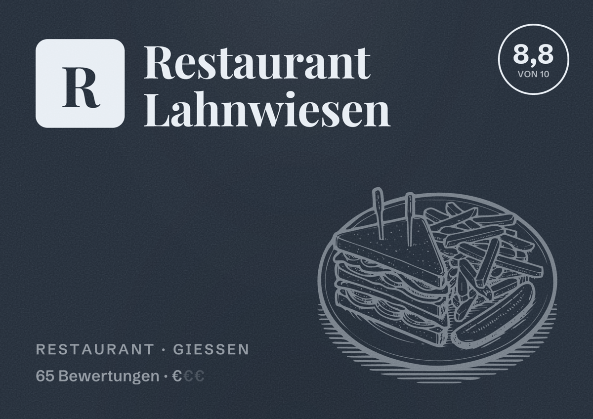 Illustriertes Poster von Restaurant Lahnwiesen, Restaurant in Gießen: Bewertung 8,8 von 10 aus 65 Bewertungen, Preisniveau €