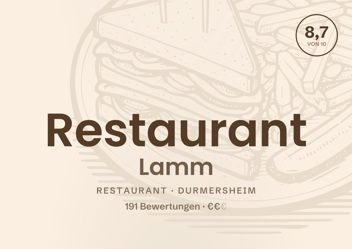 Illustriertes Poster von Restaurant Lamm, Restaurant in Durmersheim: Bewertung 8,7 von 10 aus 191 Bewertungen, Preisniveau €€