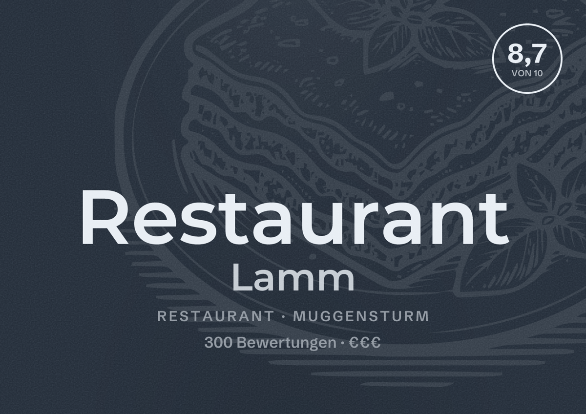 Illustriertes Poster von Restaurant Lamm, Restaurant in Muggensturm: Bewertung 8,7 von 10 aus 300 Bewertungen, Preisniveau €€€