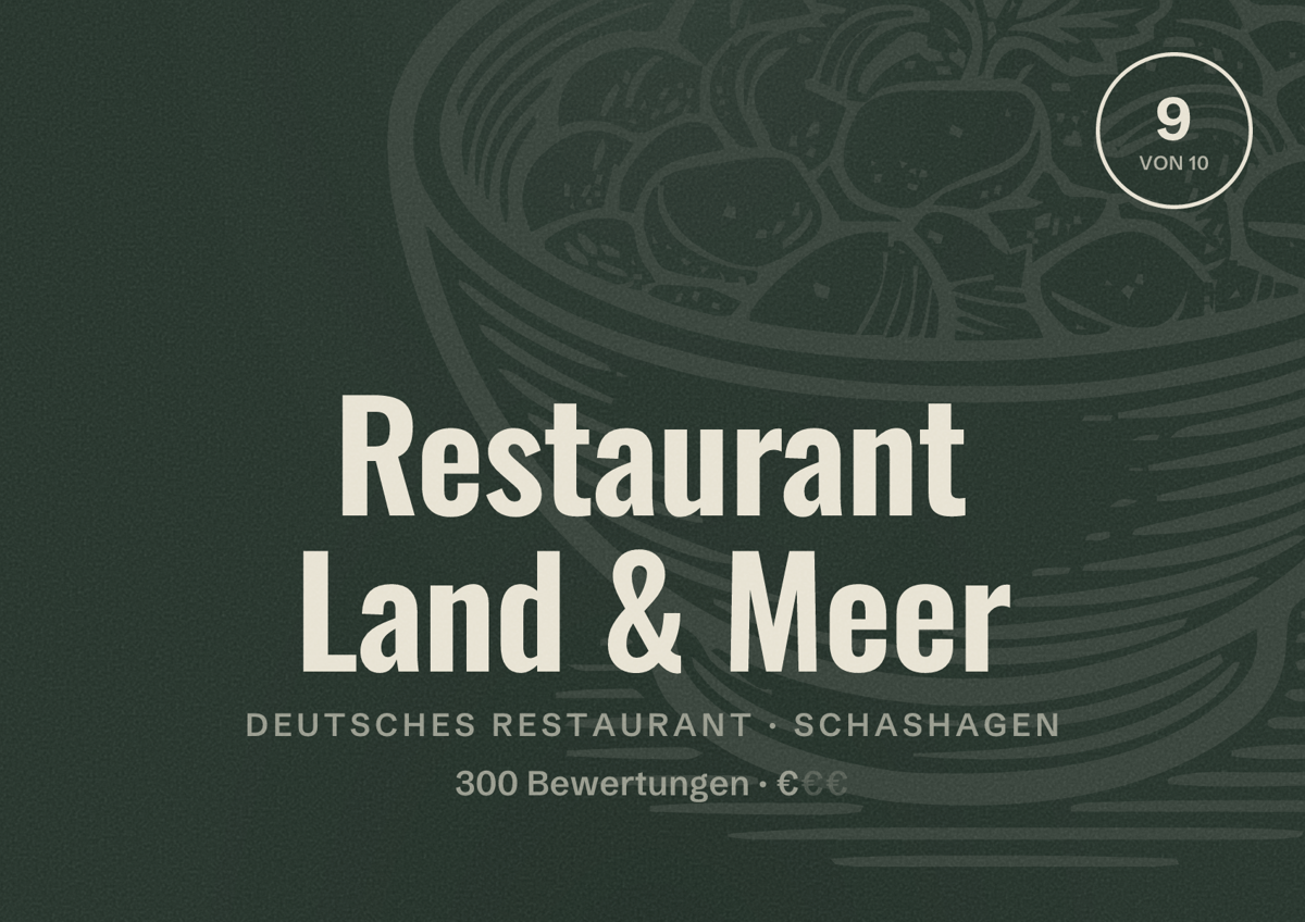 Illustriertes Poster von Restaurant Land & Meer, Deutsches Restaurant in Schashagen: Bewertung 9 von 10 aus 300 Bewertungen, Preisniveau €