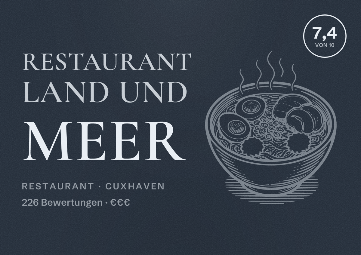 Illustriertes Poster von Restaurant Land und Meer, Restaurant in Cuxhaven: Bewertung 7,4 von 10 aus 226 Bewertungen, Preisniveau €€€