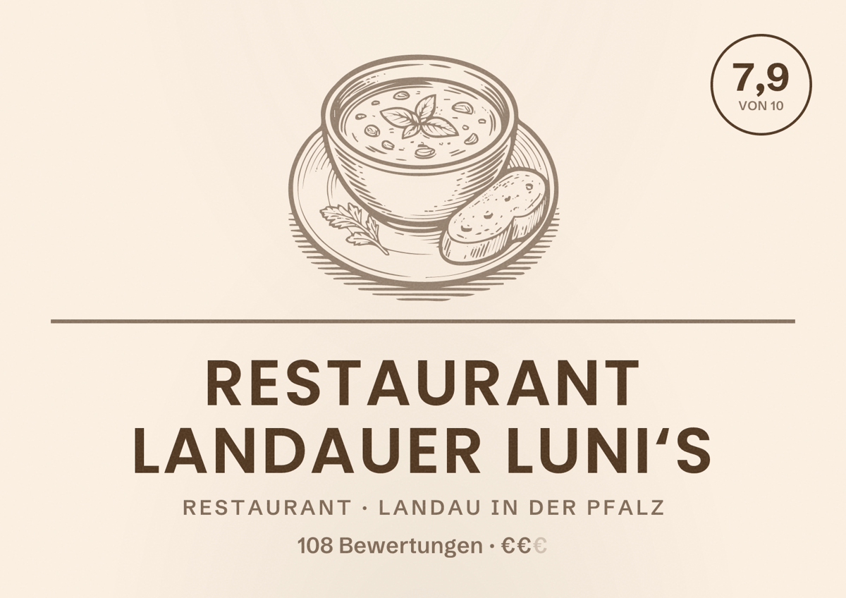 Illustriertes Poster von Restaurant Landauer Luni‘s, Restaurant in Landau in der Pfalz: Bewertung 7,9 von 10 aus 108 Bewertungen, Preisniveau €€