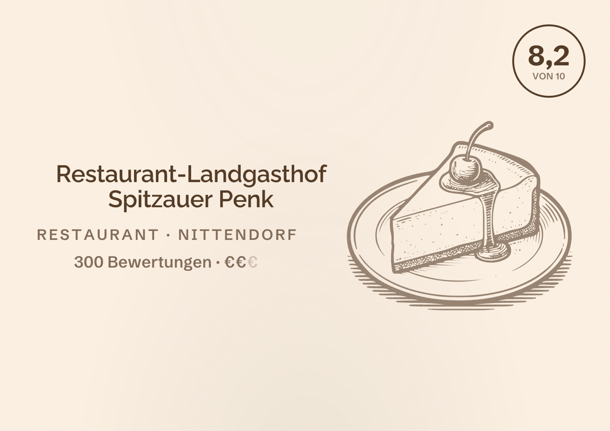 Illustriertes Poster von Restaurant-Landgasthof Spitzauer Penk, Restaurant in Nittendorf: Bewertung 8,2 von 10 aus 300 Bewertungen, Preisniveau €€