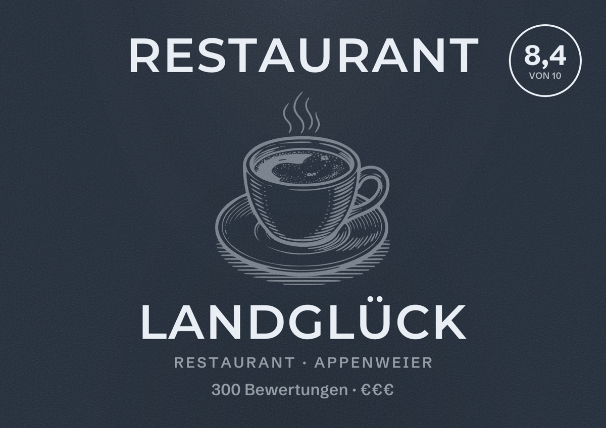 Illustriertes Poster von Restaurant LANDGLÜCK, Restaurant in Appenweier: Bewertung 8,4 von 10 aus 300 Bewertungen, Preisniveau €€€