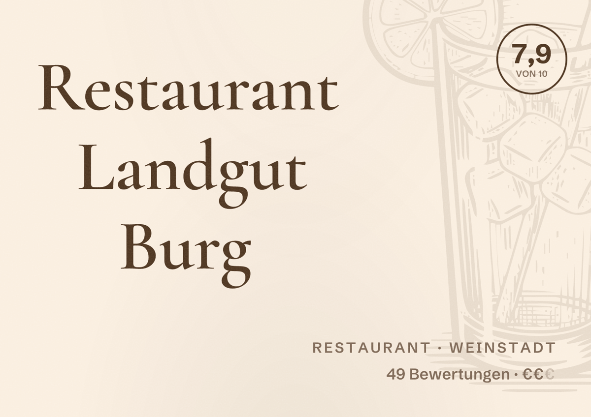 Illustriertes Poster von Restaurant Landgut Burg, Restaurant in Weinstadt: Bewertung 7,9 von 10 aus 49 Bewertungen, Preisniveau €€