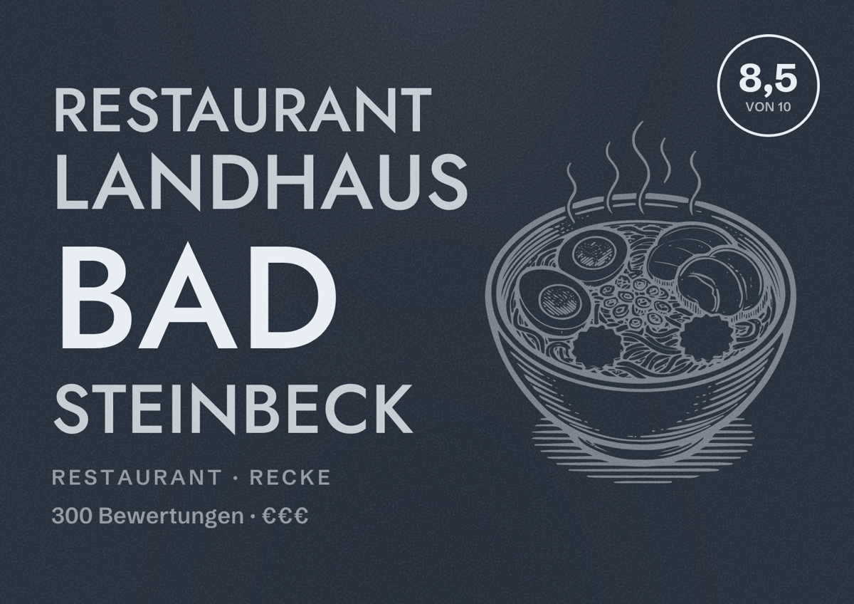 Illustriertes Poster von Restaurant Landhaus BAD STEINBECK, Restaurant in Recke: Bewertung 8,5 von 10 aus 300 Bewertungen, Preisniveau €€€