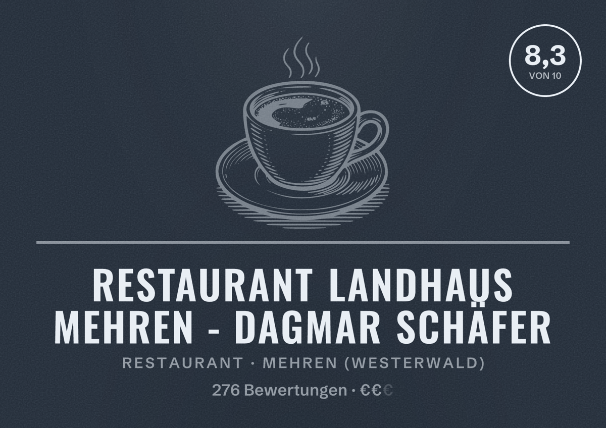 Illustriertes Poster von Restaurant Landhaus Mehren - Dagmar Schäfer, Restaurant in Mehren (Westerwald): Bewertung 8,3 von 10 aus 276 Bewertungen, Preisniveau €€